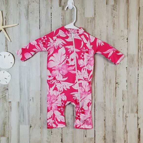 Sun Protection Zone Hawaiian Floral Girls Swimsuit Size 6/12 Months Pink White - Picture 1 of 8